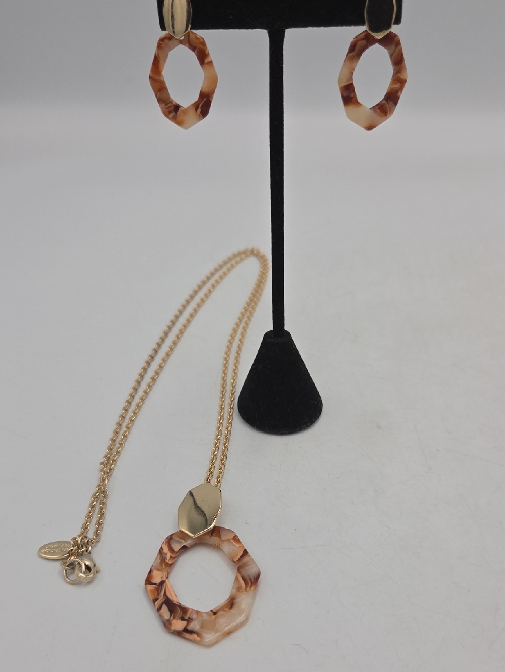 Ann Taylor Gold Tone Necklace and Earring Set with Tortoiseshell Acrylic Pendant